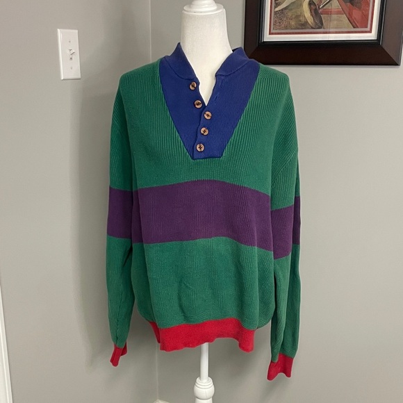 Lands' End Other - VTG Land's End Men's L Colorblock Cotton Pullover Sweater Green Stripe Henley